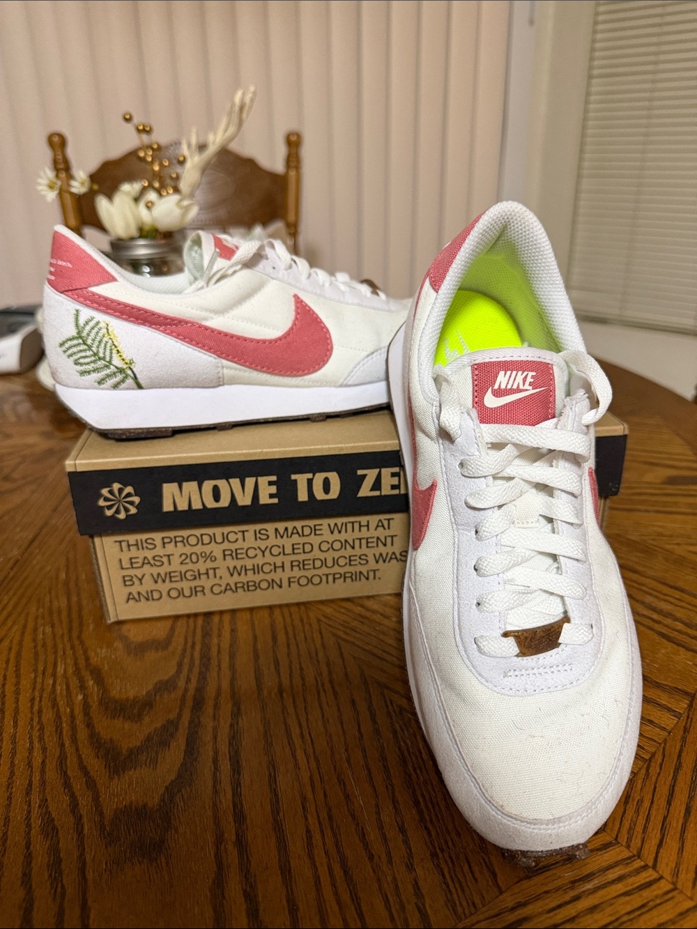Nike Women’s White Sneakers with Pink Swoosh and Green Embroidery